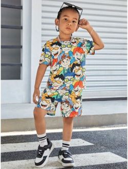 Kids Cooltwn 2pcs/set Young Boys' Casual & Sporty Loose Fit Colorful Cartoon Print T-shirt And Shorts, Ideal For Summer Vacation