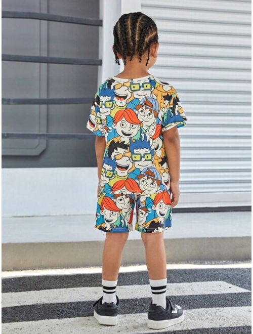 SHEIN Kids Cooltwn 2pcs/set Young Boys' Casual & Sporty Loose Fit Colorful Cartoon Print T-shirt And Shorts, Ideal For Summer Vacation
