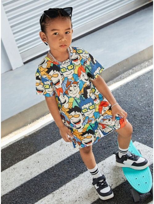 SHEIN Kids Cooltwn 2pcs/set Young Boys' Casual & Sporty Loose Fit Colorful Cartoon Print T-shirt And Shorts, Ideal For Summer Vacation