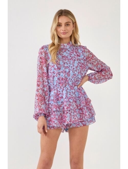 Women's Floral Dotted Open Back Romper