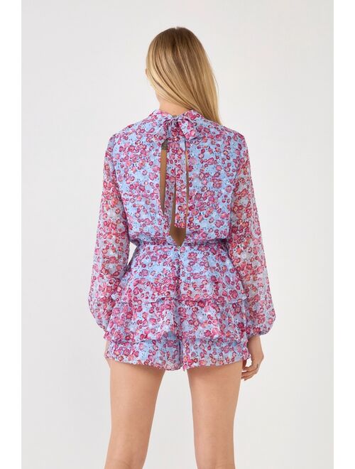 ENDLESS ROSE Women's Floral Dotted Open Back Romper