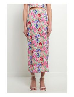 Women's Cotton Floral Print Slit Maxi Skirt