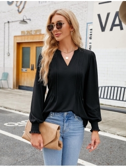 Womens Dressy Casual Tops Long Sleeve Work Shirts Basic V Neck Blouse Fall Clothes 2023