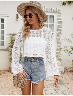 Womens Y2K Knitted Crop Tops Summer Sexy Scoop Neck Crochet Long Bell Sleeve Cute Hollow Out Shirts