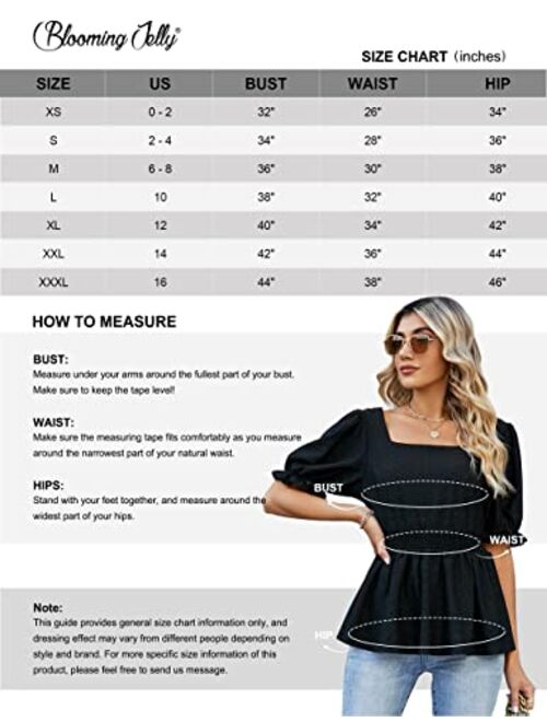 Blooming Jelly Womens Business Casual Tops Square Neck Puff Sleeve Babydoll Blouse Eyelet Smocked Peplum Tunic Top