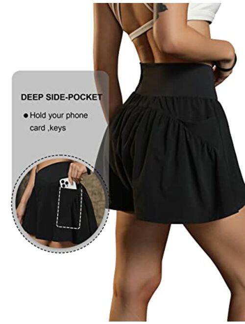Blooming Jelly Women's Flowy Running Shorts Crossover High Waisted Workout Athletic Shorts Summer Skirt Shorts with Pocket