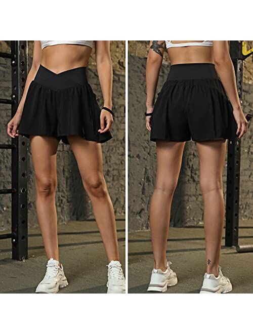 Blooming Jelly Women's Flowy Running Shorts Crossover High Waisted Workout Athletic Shorts Summer Skirt Shorts with Pocket