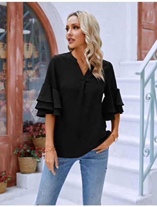 Blooming Jelly Womens Casual Tops Work Bell Sleeve Dressy Casual Blouse Summer Fashion 2023 V Neck 3/4 Sleeve Shirts