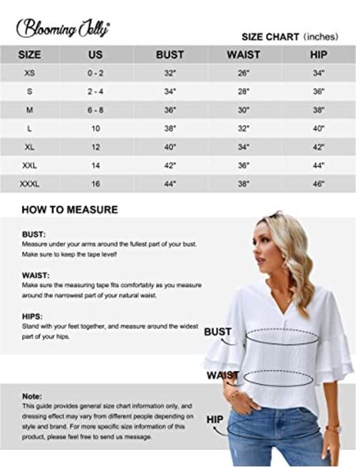 Blooming Jelly Womens Casual Tops Work Bell Sleeve Dressy Casual Blouse Summer Fashion 2023 V Neck 3/4 Sleeve Shirts