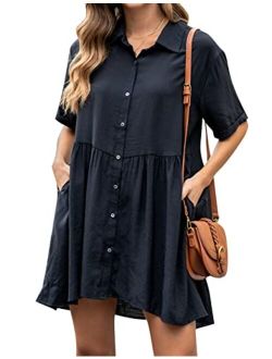 Womens Flowy Casual Dress Maternity Summer Dresses V Neck Button Down Cute Mini Dress with Pockets