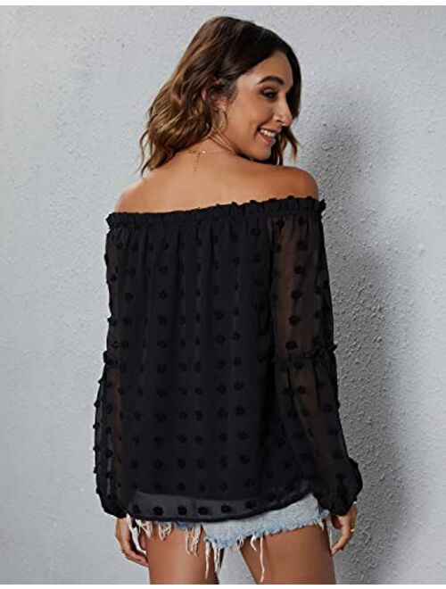 Blooming Jelly Women's Off The Shoulder Tops Chiffon Blouses Long Sleeve Shirts Flattering Pom Pom Top