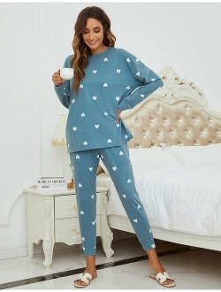 Womens Cute Pajama Sets Long Sleeve Heart Printed Lounge Set Pockets Two Piece Outfits
