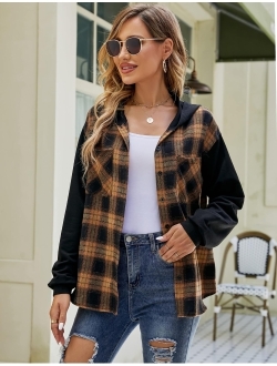 Womens Plaid hooded Flannel Shirts Long Sleeve Hoodies Shacket Button Down Oversized Color Block Fall Tops