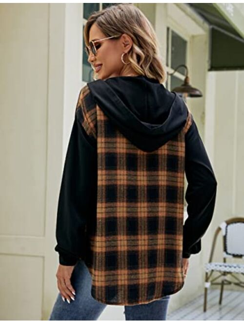 Blooming Jelly Womens Plaid hooded Flannel Shirts Long Sleeve Hoodies Shacket Button Down Oversized Color Block Fall Tops