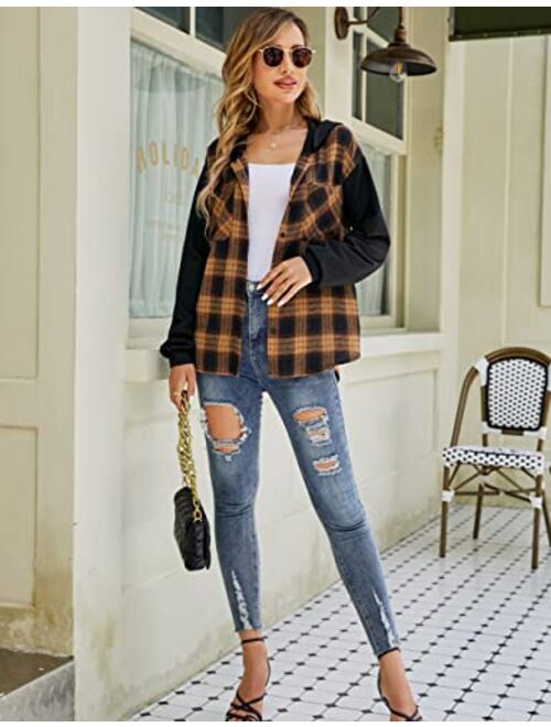 Blooming Jelly Womens Plaid hooded Flannel Shirts Long Sleeve Hoodies Shacket Button Down Oversized Color Block Fall Tops