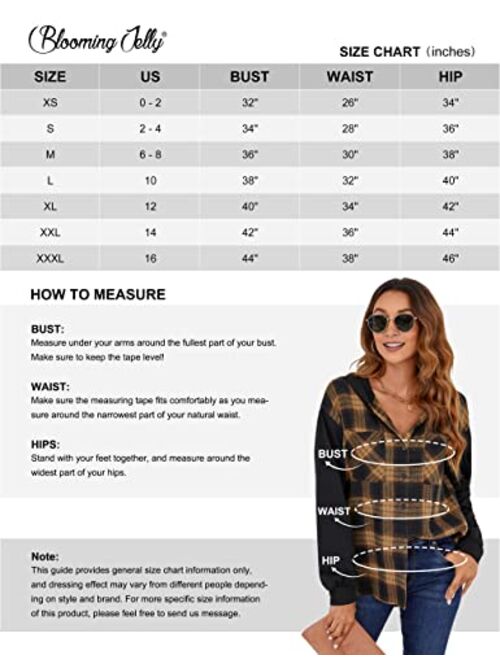 Blooming Jelly Womens Plaid hooded Flannel Shirts Long Sleeve Hoodies Shacket Button Down Oversized Color Block Fall Tops