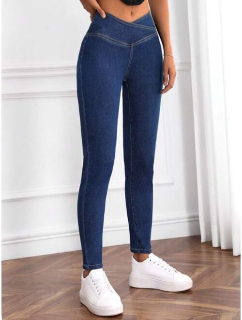 SHEIN Frenchy Asymmetrical Waistband Skinny Jeans