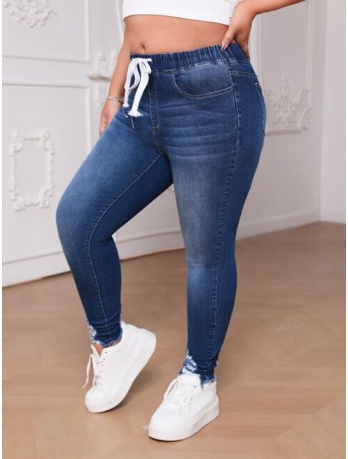 SHEIN Essnce Plus Drawstring Waist Ripped Raw Cut Skinny Jeans