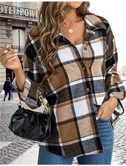 Traleubie Women's Flannel Jacket Plaid Shacket Lapel Button Down Long Sleeve Shirt Color Block Casual Coat