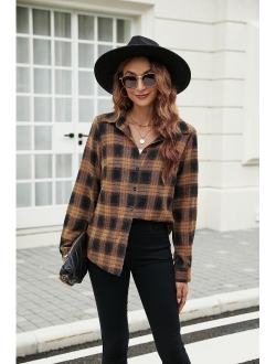 Women's Flannel Shirts Plaid Button Down Shacket Fall Long Sleeve Blouses Business Casual Tops