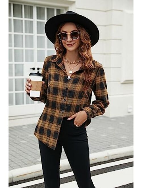 Blooming Jelly Women's Flannel Shirts Plaid Button Down Shacket Fall Long Sleeve Blouses Business Casual Tops