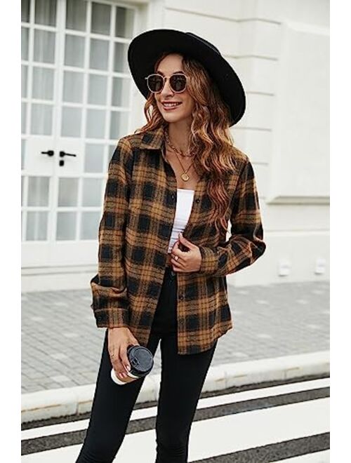 Blooming Jelly Women's Flannel Shirts Plaid Button Down Shacket Fall Long Sleeve Blouses Business Casual Tops