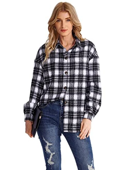 HOOKLZO Women's 2023 Fall Clothes Plaid Shacket Jacket Oversize Long Sleeve Button Down Flannel Shirts Blouses Tops