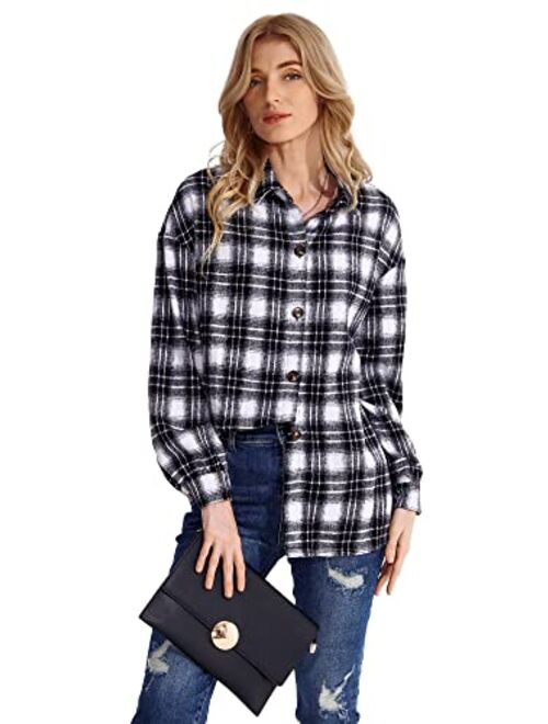 HOOKLZO Women's 2023 Fall Clothes Plaid Shacket Jacket Oversize Long Sleeve Button Down Flannel Shirts Blouses Tops