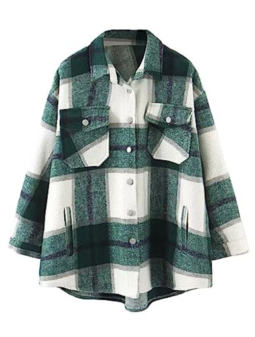 Lviefent Womens Casual Wool Blend Plaid Flannel Shackets Jacket Button Down Shirt Coat