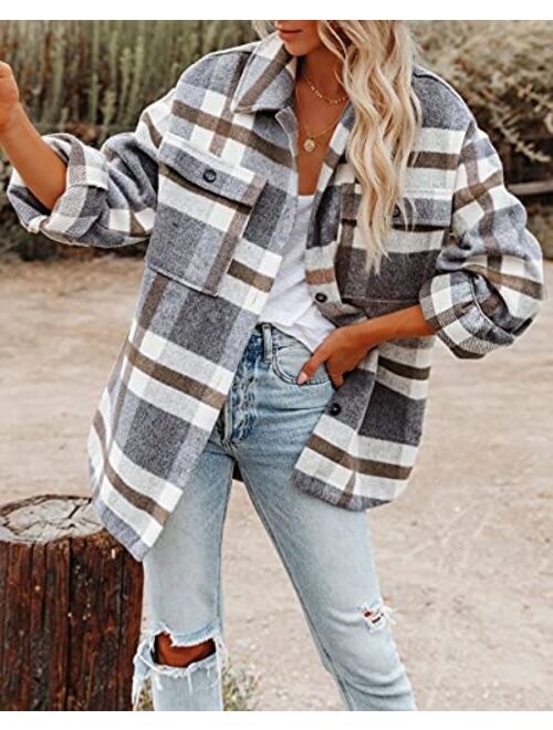Laseily Women's Brushed Plaid Shirts Long Sleeve Flannel Lapel Button Down Pocketed Shacket Jacket Coats