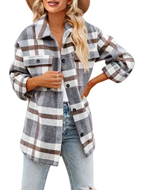 Laseily Women's Brushed Plaid Shirts Long Sleeve Flannel Lapel Button Down Pocketed Shacket Jacket Coats
