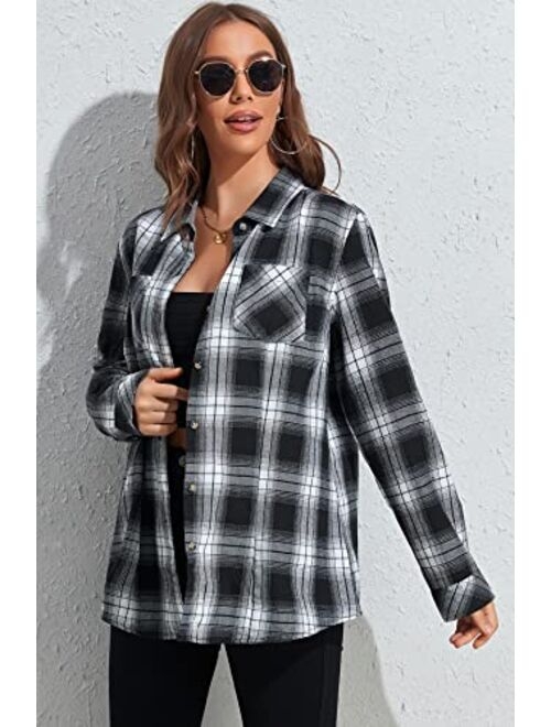 KevaMolly Plaid Long Sleeve Flannel Shirts for Women Loose Fit Boyfriend Button Down Shirt Casual Flannel Blouse Tops