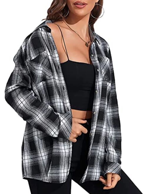 KevaMolly Plaid Long Sleeve Flannel Shirts for Women Loose Fit Boyfriend Button Down Shirt Casual Flannel Blouse Tops