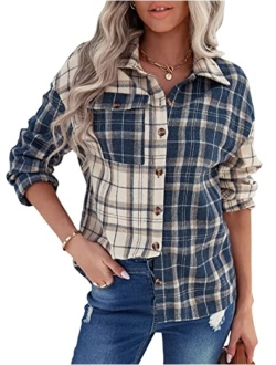 Women's Casual Color-Block Button Down Loose Plaid Flannel Shirt Shacket