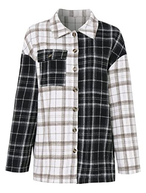 chouyatou Women's Casual Color-Block Button Down Loose Plaid Flannel Shirt Shacket