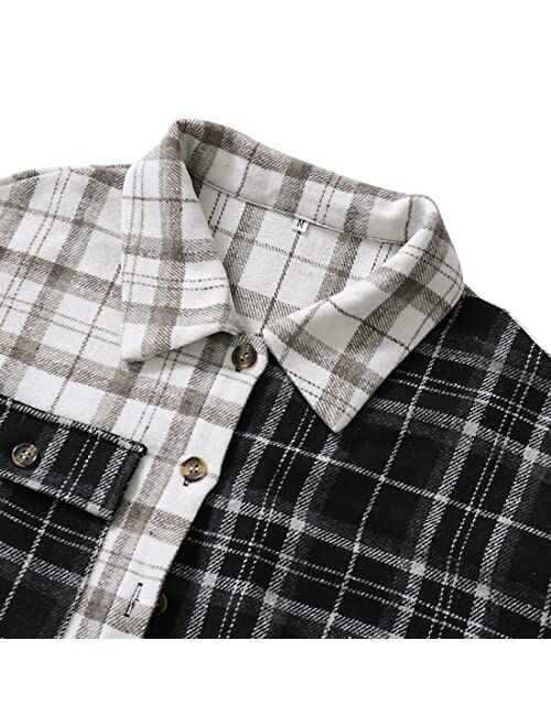 chouyatou Women's Casual Color-Block Button Down Loose Plaid Flannel Shirt Shacket