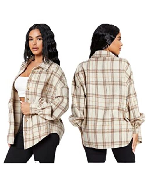 ZAFUL Womens Flannel Shacket Jacket Casual Plaid Wool Blend Button Down Long Sleeve Shirt 2023 Fall Clothes