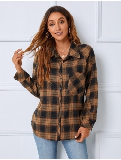 Womens Long Sleeve Shirts Flannel Plaid Tops 2023 Button Down Casual Fall Outfits Shacket