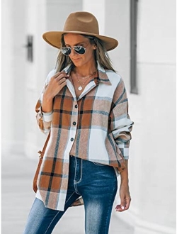 Women Long Sleeve Plaid Button Down Tops Casual V Neck Oversized Shirt Blouse