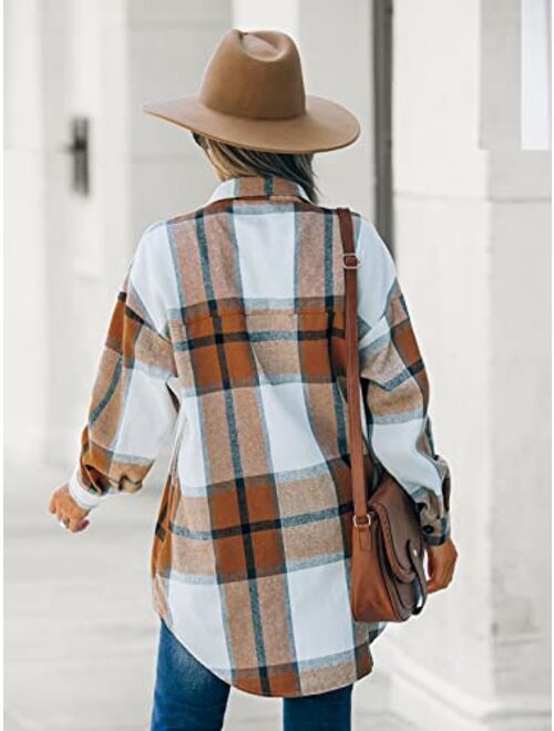 CUPSHE Women Long Sleeve Plaid Button Down Tops Casual V Neck Oversized Shirt Blouse