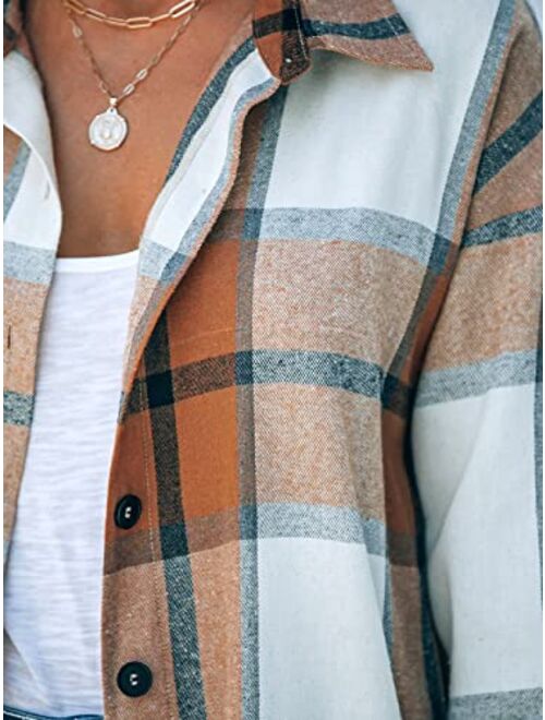 CUPSHE Women Long Sleeve Plaid Button Down Tops Casual V Neck Oversized Shirt Blouse