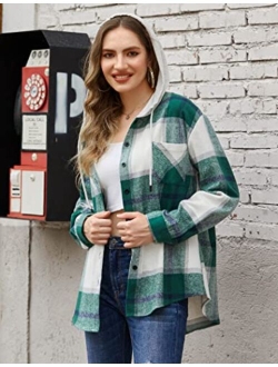 Womens Flannel Shirts Plaid Hoodie Jacket Long Sleeve Button Down Blouse Tops Casual Boyfriend Shirt with Pocket