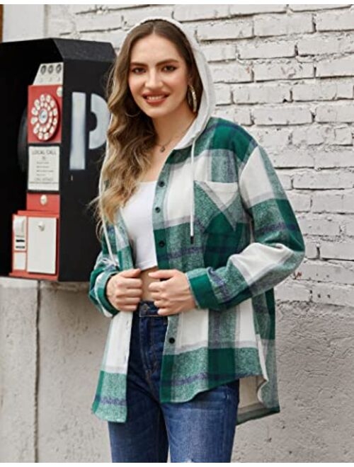 HOTOUCH Womens Flannel Shirts Plaid Hoodie Jacket Long Sleeve Button Down Blouse Tops Casual Boyfriend Shirt with Pocket