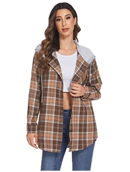 HOTOUCH Womens Flannel Shirts Plaid Hoodie Jacket Long Sleeve Button Down Blouse Tops Casual Boyfriend Shirt with Pocket
