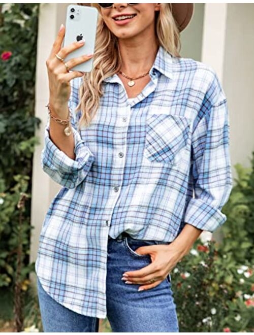Lumister Oversized Flannel Shirt Women Long Sleeve Plaid Button Down Buffalo Shirt Blouse Tops with One Pocket