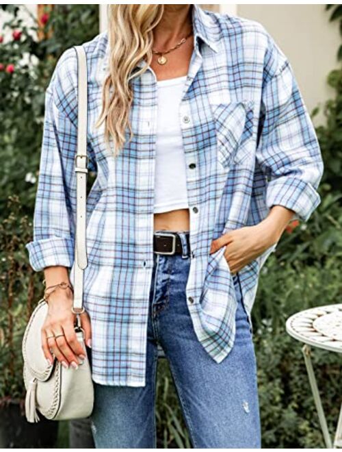 Lumister Oversized Flannel Shirt Women Long Sleeve Plaid Button Down Buffalo Shirt Blouse Tops with One Pocket