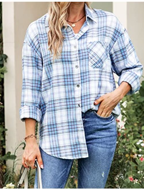 Lumister Oversized Flannel Shirt Women Long Sleeve Plaid Button Down Buffalo Shirt Blouse Tops with One Pocket