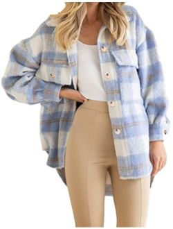 Arssm Womens Flannel Plaid Shirt Shacket Long Sleeve Button Down Oversized Loose Fall Jacket