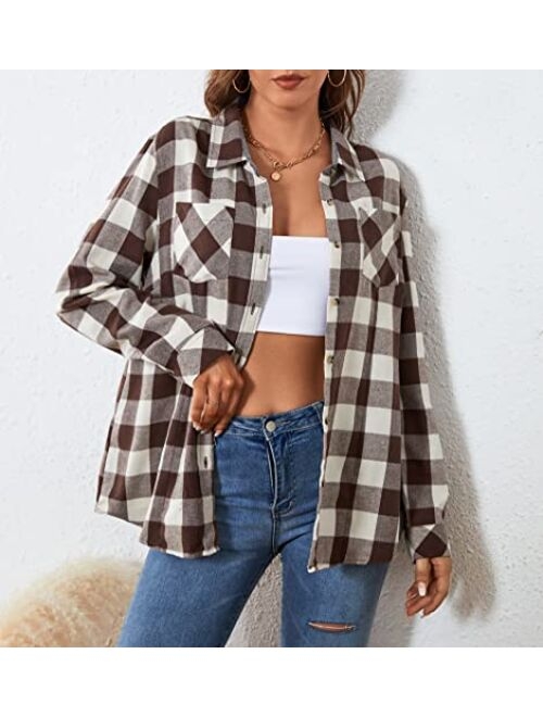 Damipow Premium Flannel Shirts for Women,Oversized Plaid Button Down Long Sleeve Women Blouses