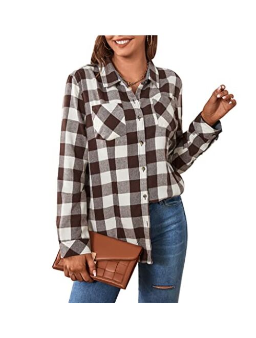 Damipow Premium Flannel Shirts for Women,Oversized Plaid Button Down Long Sleeve Women Blouses